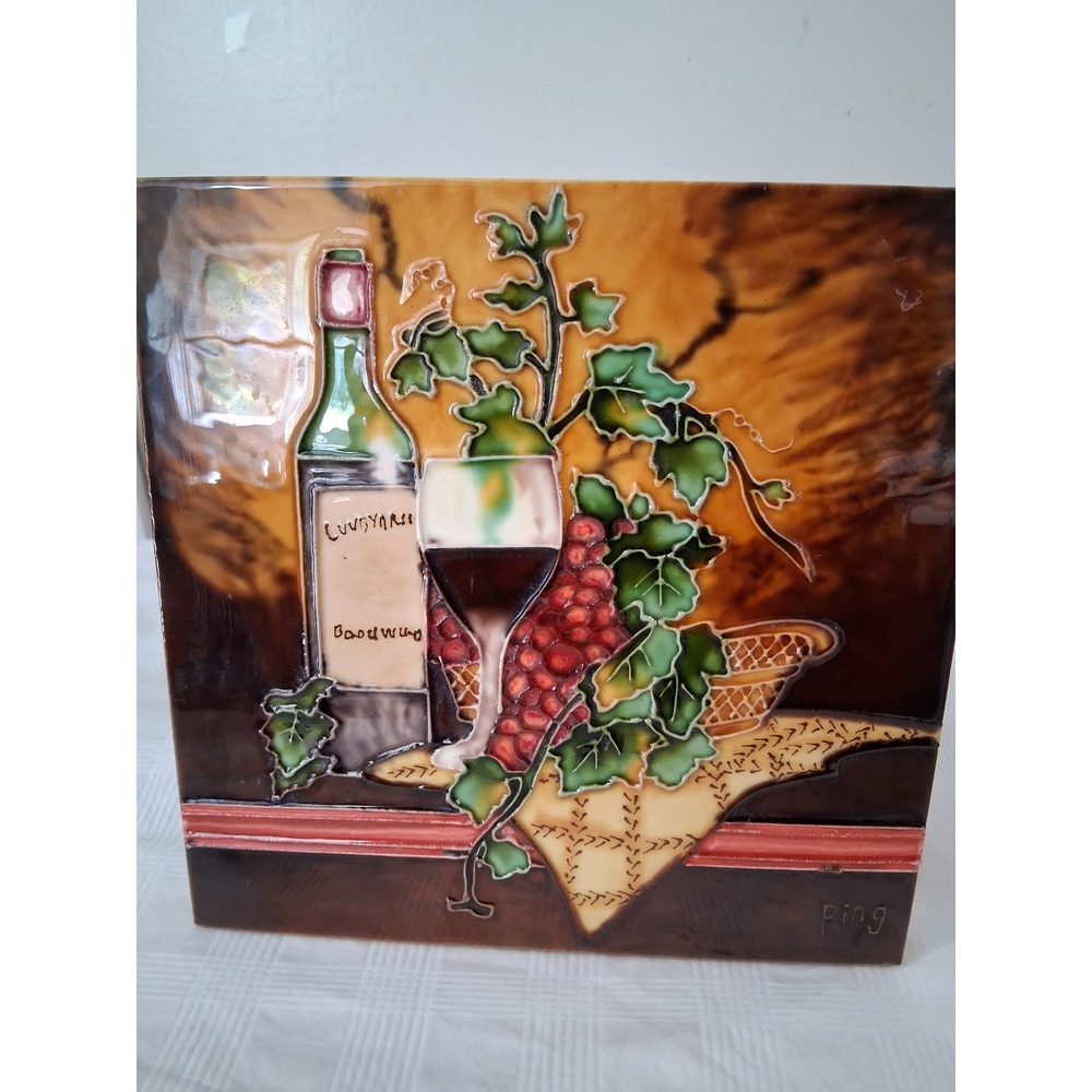 Ping Signed Wine and Grapes Raised Relief Ceramic Art Tile 8x8 Easel Back Decor